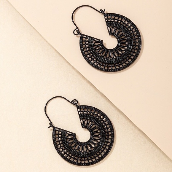 Any 2/$20! Black Boho Openwork Disc Ear Wire Top Earrings - Picture 4 of 7